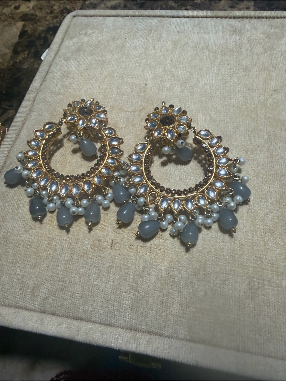 Gold Chandbali Earrings with Gray and Pearl Drops